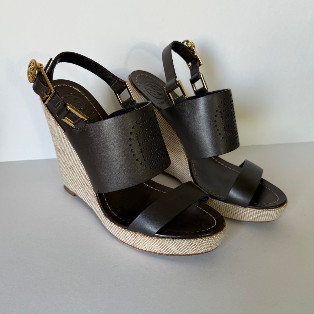 Tory Burch Kimberly Brown Leather Platform Wedge Buckle Strappy Sandals Size 7.5